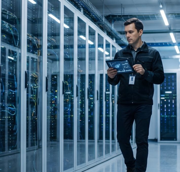 A man holding a tablet walks through a data center corridor lined with server racks and glass doors.