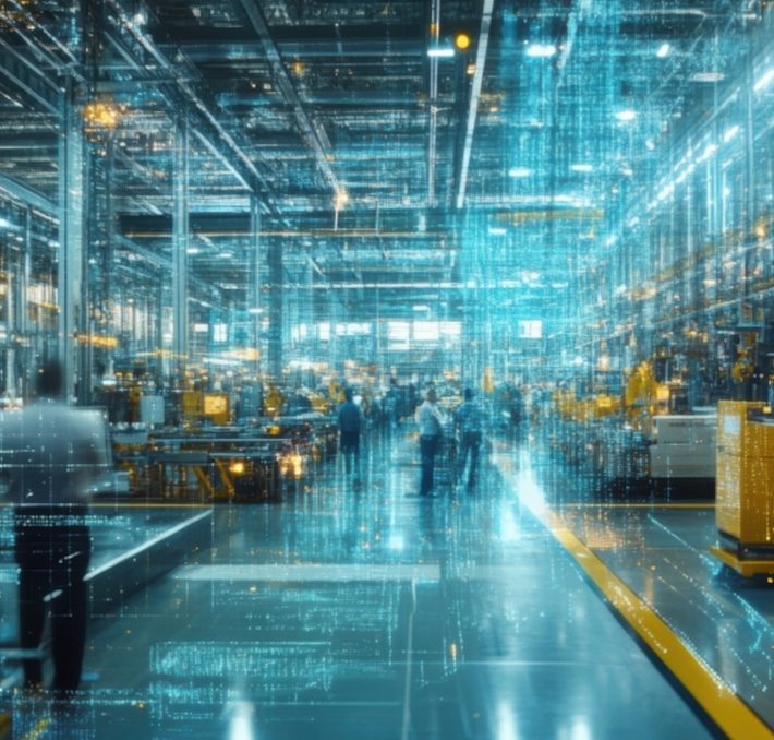 A modern factory floor with people and machinery, overlaid with digital blue data graphics representing technological integration, automation, and effective Engineering Change Management.