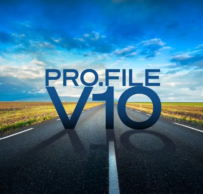 A straight road stretches into the distance under a blue sky with clouds, while the bold text PRO.FILE V10 stands prominently at the center, symbolizing a clear path forward with PRO.FILE V10.
