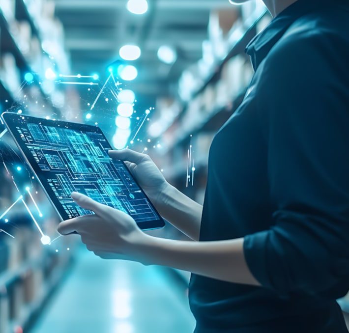 A person in a storage room uses a digital tablet with holographic data displays, surrounded by shelves lined with boxes.